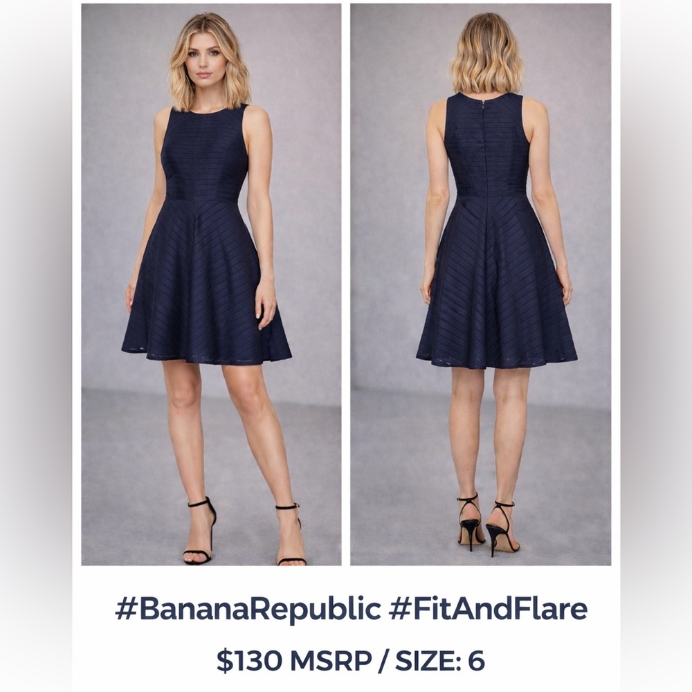Navy Subtle Striped Fit-and-Flare Sleeveless Dress - Classic Everyday Style - Picture 10 of 12
